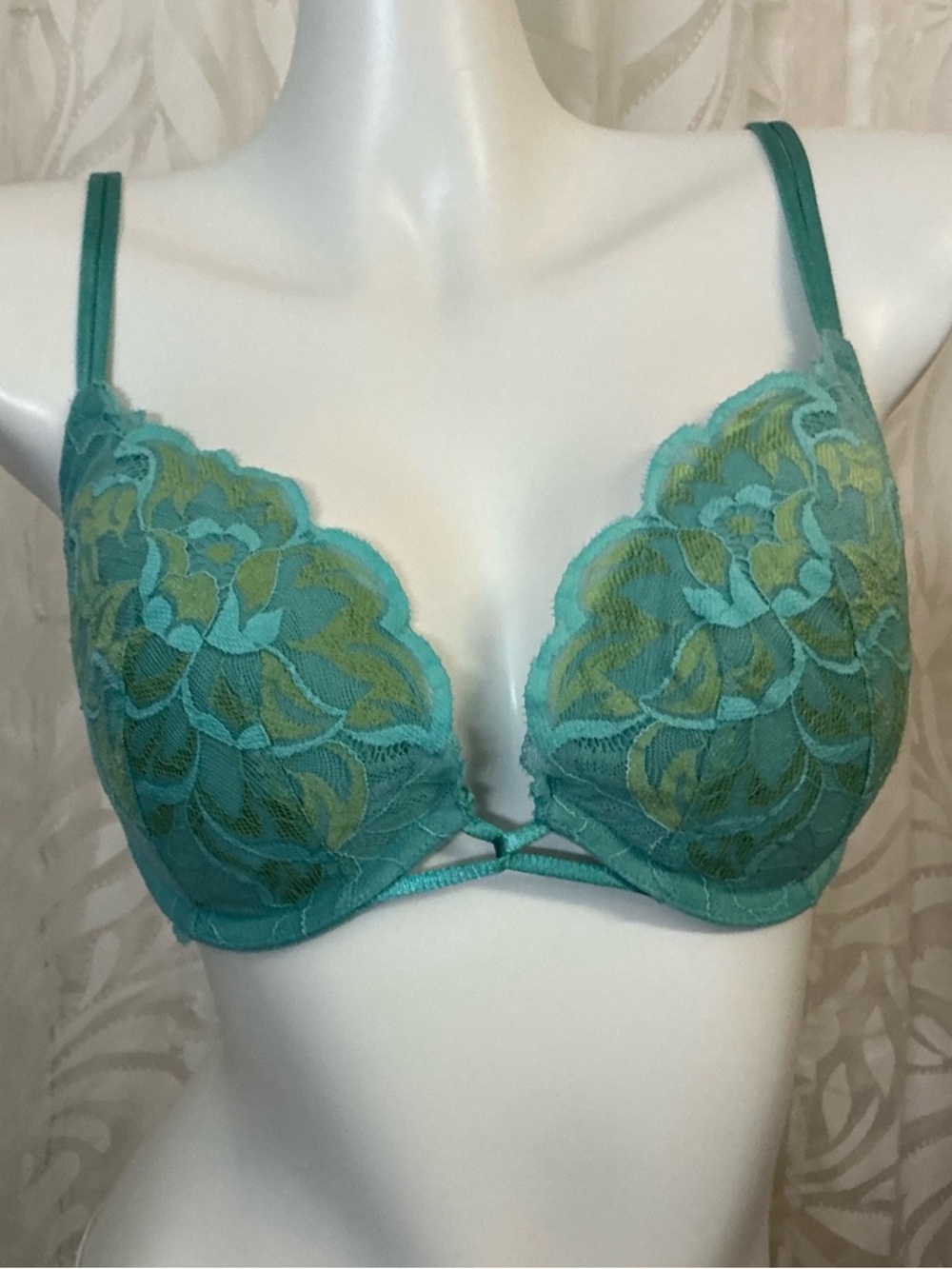 Vintage Teal Lace Plunge Padded Push Up Bra - Women's Intimates